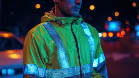 A man stands alone at night wearing a brightly colored reflective jacket, showcasing the importance of safety in an urban environment filled with glowing city lights.の素材
