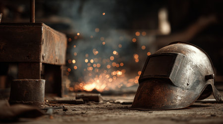 An atmospheric view of a rusty welding helmet resting on a workbench in a workshop. The scene captures sparks flying, evoking the essence of craftsmanship and manual labor.の素材