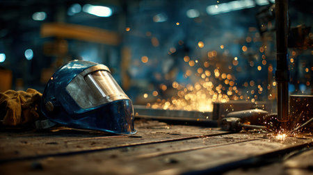 A close-up view of a protective welding helmet resting on a workbench, surrounded by flying sparks in a workshop, highlighting the importance of safety and skill in metalworking.の素材