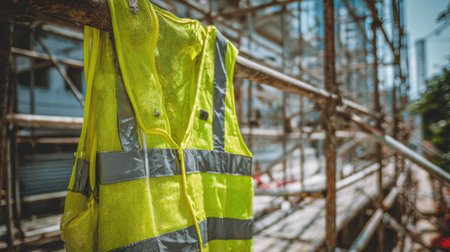Two bright yellow safety vests are hanging on a scaffolding structure at a construction site, providing essential protection and visibility for workers.の素材