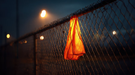 A vibrant orange fabric clings to a chain link fence, bathed in the soft glow of street lights on a rainy night, capturing a moment of urban solitude and beauty.の素材