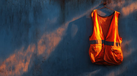 This image features a bright orange safety vest hanging against a textured blue wall. The warm light creates an inviting atmosphere, highlighting its practical design.の素材