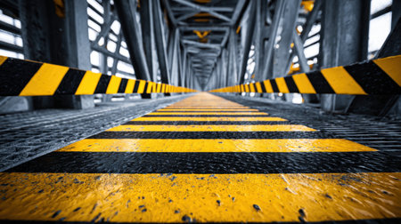 Captivating perspective of an industrial steel structure, featuring striking black and yellow safety lines on the floor, capturing modern engineering and design elements.の素材