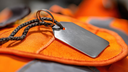 This image shows a close-up of a blank metal tag attached to a bright orange safety vest, perfect for safety-related projects and industrial use.の素材