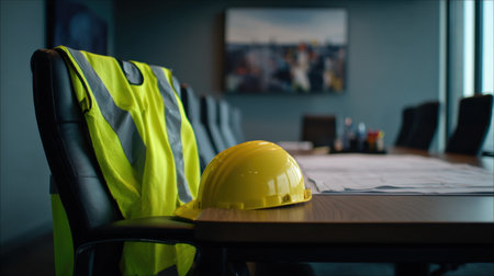 A safety helmet and vivid yellow reflective vests rest on a conference table in a contemporary office meeting room, emphasizing safety in a professional atmosphere.の素材