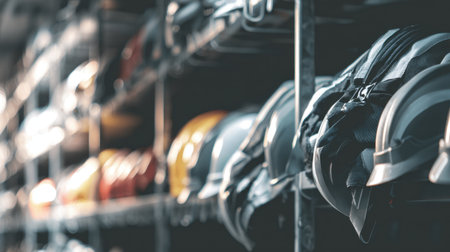 A collection of safety helmets displayed on a shelf highlights their diverse colors and designs, emphasizing the importance of protection in construction and industrial settings.の素材