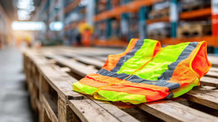 Two bright safety vests lie on wooden pallets in an industrial warehouse, highlighting workplace safety and efficiency. The vibrant colors enhance visibility and alertness.の素材