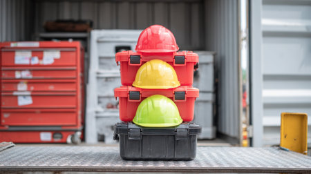 Stacked colorful hard hats on toolboxes create an eye-catching display at a busy construction site, highlighting safety and organization in a vibrant working environment.の素材