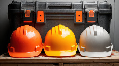 This image features three bright safety helmets in orange, yellow, and silver positioned in front of a sturdy toolbox, representing essential construction gear for safety and protection.の素材