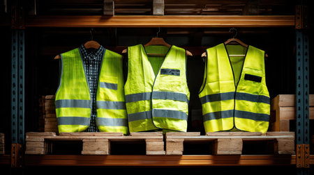 Three bright reflective safety vests are displayed hanging on a rack in a warehouse. The vests feature fluorescent colors and stripes, ideal for workplace visibility and safety.の素材