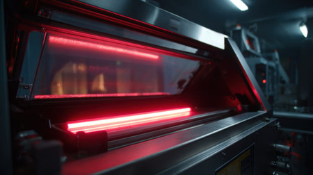 An inside view of a cutting-edge manufacturing facility with vibrant illuminated machinery, showcasing the blend of technology and industrial design in action.の素材