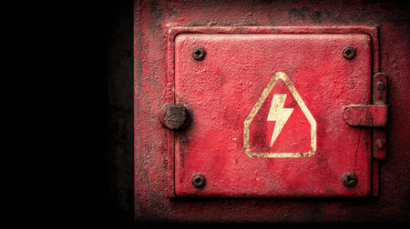A striking image of a weathered red electrical box featuring a bold warning symbol, set against a grunge background, perfect for industrial safety themes and designs.の素材