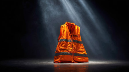 This striking image features a bright orange safety vest highlighted by dramatic lighting, showcasing its importance for visibility and safety in various work environments.の素材