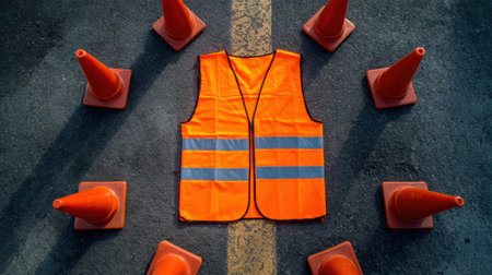 A bright orange safety vest rests centrally on a road, surrounded by traffic cones, highlighting the importance of safety and visibility in construction areas and public spaces.の素材