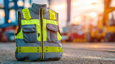 A bright yellow safety vest stands prominently on a construction site, highlighting the importance of visibility and protection for workers in various settings.の素材