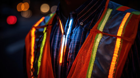A close-up of a reflective safety vest illuminated by bright lights against an urban nighttime backdrop, highlighting visibility and safety in work environments.の素材
