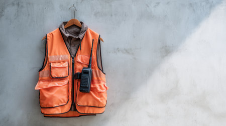 A bright orange safety vest with multiple pockets and a radio hangs neatly on a wall in an industrial space, representing safety and preparedness in the workplace.の素材