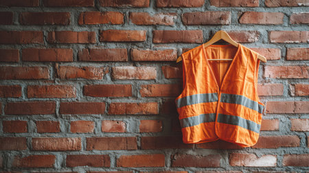 A bright orange safety vest featuring reflective stripes is displayed against a textured brick wall. Ideal for themes relating to work safety and construction environments.の素材
