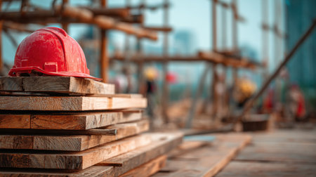 A vivid red hard hat is placed on a stack of wooden planks at a construction site. Workers are busily engaged in building activities in the background.の素材
