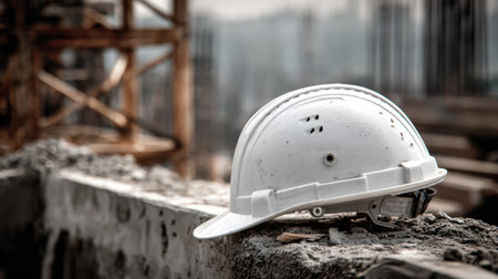 A white hard hat rests on a construction site, representing safety and resilience in the building industry. This image captures the essence of teamwork and professionalism.の素材