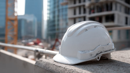 A white hard hat rests securely on a concrete edge at a bustling construction site, symbolizing safety and diligence in urban development and engineering projects.の素材