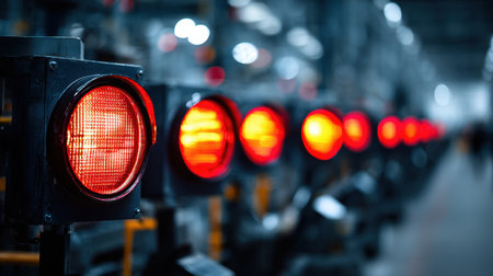 A line of industrial red traffic lights glowing in a busy manufacturing environment, showcasing a vibrant atmosphere filled with machinery and safety signals.の素材