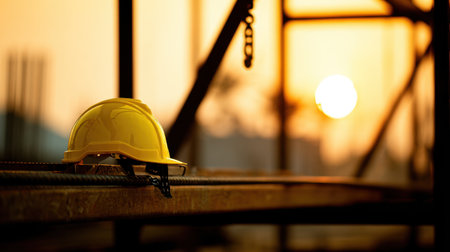 A yellow hard hat rests on a steel beam at a construction site during sunset, creating a stunning backdrop that emphasizes safety and diligent work in the industry.の素材
