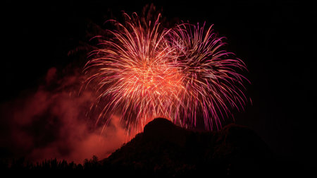 A striking display of colorful fireworks lights up the night sky above a prominent mountain, creating a captivating scene filled with excitement and beauty.の素材