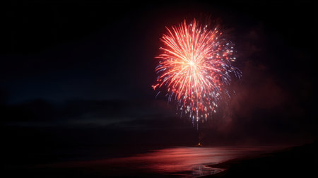This breathtaking image captures a vibrant fireworks display over the calm ocean waves at night, illuminating the dark sky with a stunning array of bright colors.の素材