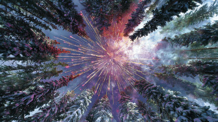 A stunning view of fireworks exploding above a snowy evergreen forest, creating a magical atmosphere under a starry night sky, perfect for festive celebrations.の素材