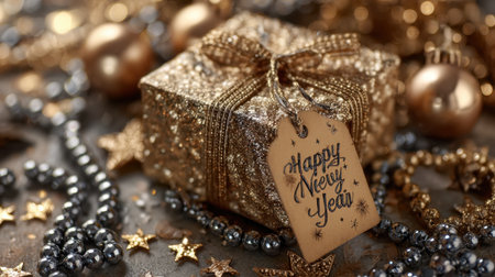 A beautifully wrapped gold gift box with a tag reading "Happy New Year" sits among festive ornaments and shining stars, perfect for holiday celebrations and joyful events.の素材