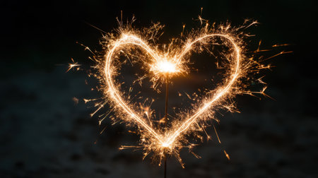 A stunning heart-shaped sparkler emits bright sparks in a dark environment, capturing the essence of love and celebration in a visually striking manner.の素材