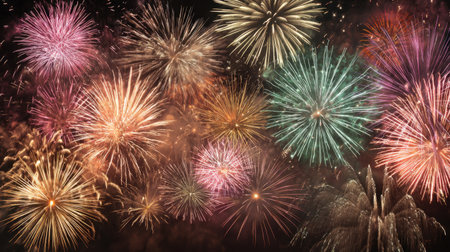 Experience a vibrant fireworks display lighting up the night sky with colorful bursts and sparkling lights, perfect for celebrations and holiday festivities.の素材