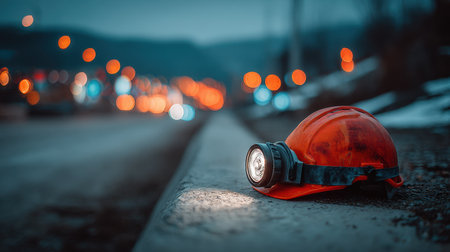 A bright orange hard hat with a headlamp is prominently placed on the roadside. The background shows blurred city lights at dusk, indicating a construction environment.の素材