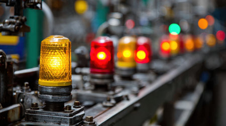 A close-up view of vibrant warning lights on industrial machinery, showcasing a range of colors that indicate different operational statuses for enhanced safety awareness.の素材