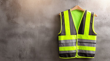 A bright yellow safety vest with reflective strips hangs on a hook against a textured gray wall, symbolizing safety and visibility in industrial or construction environments.の素材