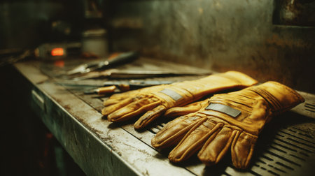 A pair of worn yellow leather work gloves rests on an old workbench, surrounded by various tools in a dimly lit workshop, creating a nostalgic and rustic atmosphere.の素材