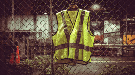A bright yellow safety vest hangs on a chain link fence, illuminated by soft night lighting in an industrial area, symbolizing workplace safety and visibility.の素材