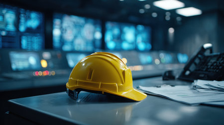 A yellow hard hat placed on a table in an industrial control room, surrounded by monitors and paperwork, representing safety, teamwork, and engineering solutions.の素材