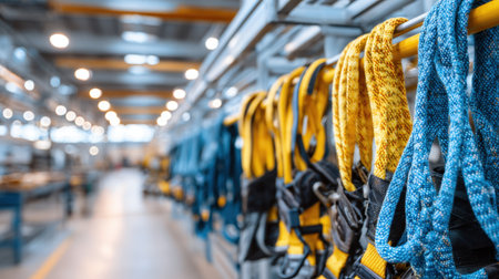 A variety of colorful safety harnesses hang neatly in an industrial space, showcasing important safety equipment essential for construction and climbing activities.の素材
