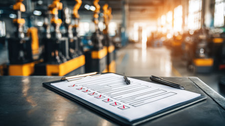 A clipboard with a detailed inspection checklist rests on a table in a vibrant industrial workshop, featuring soft natural light and machinery in the background, emphasizing productivity.の素材