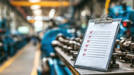 A clipboard featuring a checklist sits prominently in a factory workshop, surrounded by machinery and equipment, representing efficient workflow and organization in industry.の素材