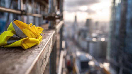 A bright yellow safety vest rests on a railing at a construction site, with a soft-focus city skyline in the background reflecting early morning or late afternoon light.の素材