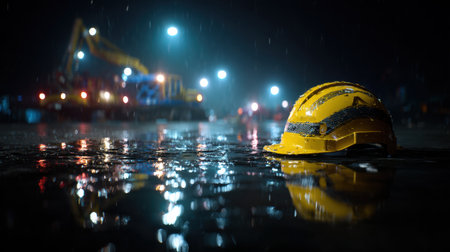 A yellow hard hat rests on a wet surface reflecting city lights in a rainy night scene. This image captures the mood of construction work and safety in urban settings.の素材