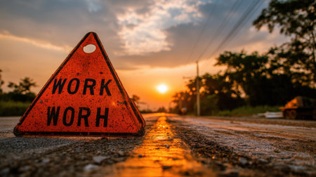 A striking scene showcasing an orange work sign against a breathtaking sunset. The calming yet industrial setting combines nature with infrastructure beautifully.の素材