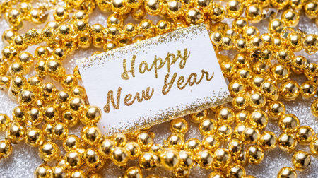 A festive arrangement featuring golden beads and a "Happy New Year" card creates a cheerful atmosphere, ideal for celebrating the arrival of a new year with joy.の素材