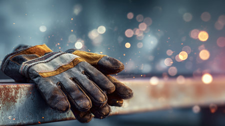 This image features worn protective gloves resting on a metal surface, with sparkling bokeh in the background, representing safety in craftsmanship within an industrial setting.の素材