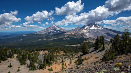 Captivating view of majestic snow-capped mountains under a vibrant blue sky filled with fluffy clouds, surrounded by lush forests, showcasing the beauty of nature.の素材