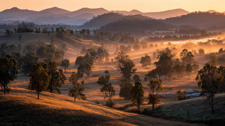 A breathtaking landscape at sunrise displays rolling hills and misty terrain. Golden meadows and lush trees create a tranquil scene bathed in warm morning light.の素材