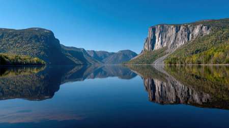 A stunning view of a tranquil mountain lake with clear blue skies, surrounded by lush forests and majestic cliffs, offering a peaceful retreat in nature's embrace.の素材